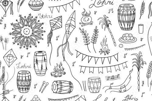 Beautiful seamless pattern of Lohri festival objects and symbols. Indian festival. Kite, rye, spikelet, drums, bonfire, fire, wheat, harvest, sugarcane, sheaves of roasted corn, gurh, gachak. Doodles