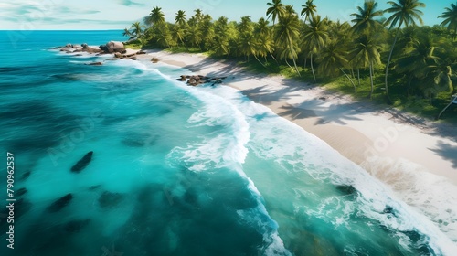 Aerial view of beautiful tropical beach with palm trees and sand. Seascape panorama