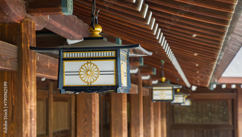 japanese metal lamps hanging in a row 