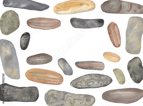 Watercolor nature sea stones, sea pebbles, brown rocks on a white background. photo