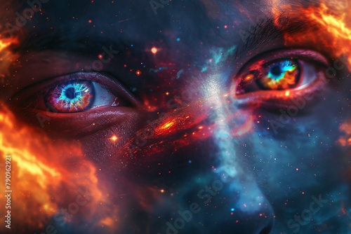Mysterious eyes reflecting a nebula blending human features with the cosmos symbolizing universal insight