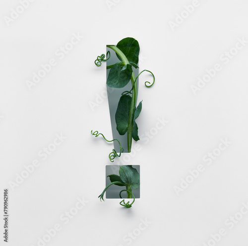 The exclamation mark is decorated with a young green pea sprout on a white background.