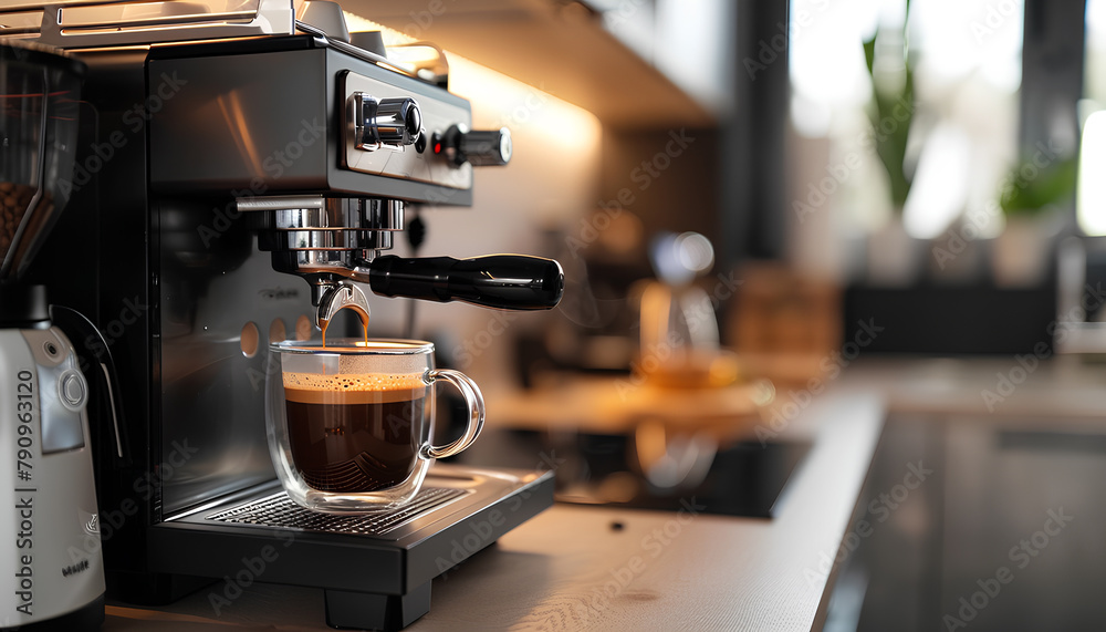 Modern coffee machine with glass cup of hot espresso on table in kitchen