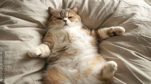 A pleasantly plump cat sprawled out on a soft bed, its ample curves a testament to a life well-nourished and loved.