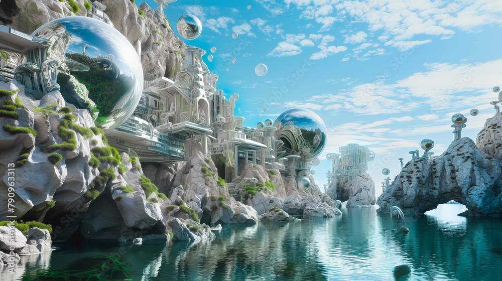 Sustainable Futuristic City, on a Cliff, in the Mountains. Green Energy ...
