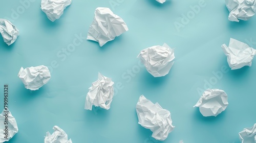 A striking visual of white crumpled paper set against a calming pastel blue background, ideal for illustrating concepts of mistake, frustration, or artistic creation © JP STUDIO LAB