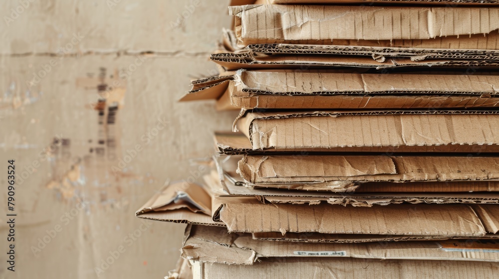 Close view of stacked brown cardboard, the layers and textures sharply captured against a muted beige wall, emphasizing the importance of recycling in reducing waste Close view of stacked brown cardboard, the layers and textures sharply captured against a muted beige wall, emphasizing the importance of recycling in reducing waste