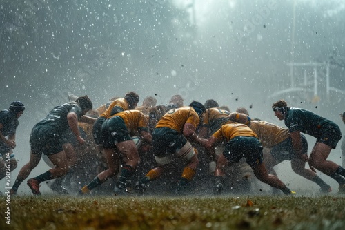 Rugby game, Fierce rugby scrum under pouring rain, Ai generated