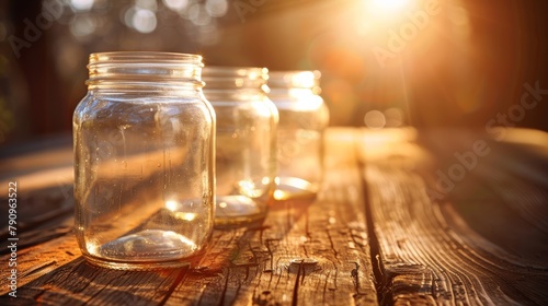 Clear glass jars on a rustic wooden surface, bathed in the warm golden hues of sunset, ideal for themes of home canning or organic food storage photo