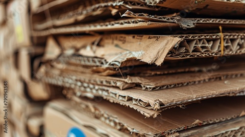 Close view of stacked brown cardboard, the layers and textures sharply captured against a muted beige wall, emphasizing the importance of recycling in reducing waste photo