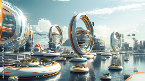 Sustainable Futuristic City on Artificial Modular Islands. Green Energy, Innovative Smart Architecture. Ocean, Sea Level Rise, Climate Change, Overpopulation. Ecology, Nature, Wellness, Community.
