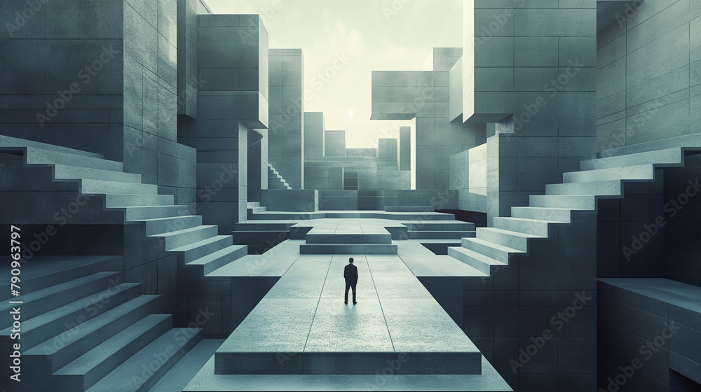 Man in a Surreal Maze with Stairs 