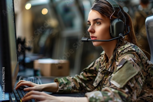 Military support gives commands and instructions using headset photo