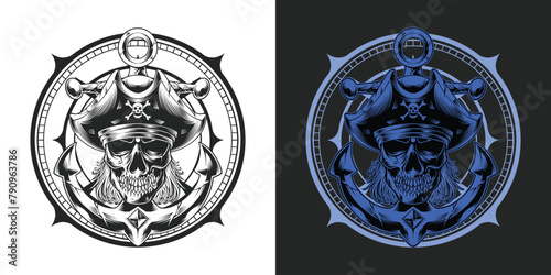 Pirate skull dark art style illustration for t-shirt design