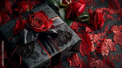 Gift box with red bouquet and red ribbon on dark background,赤い花束と暗い背景に赤いリボンのギフト ボックス,Generative AI