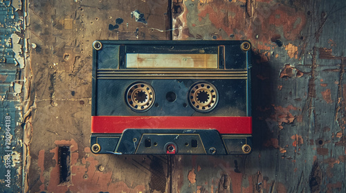 Old School Audio Cassette Tape on Weathered Colored Wood Background © @foxfotoco