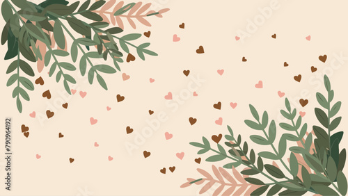 A light-colored background adorned with a beautiful arrangement of leaves and hearts. On the left side  there s a cluster of green leaves  while on the right  there s a mix of green and brown leaves. 