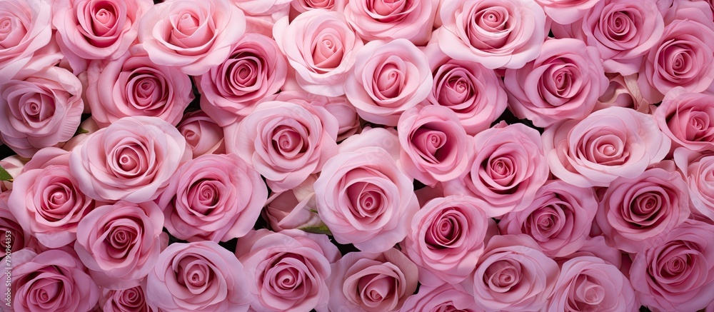 A bunch of pink roses with green leaves