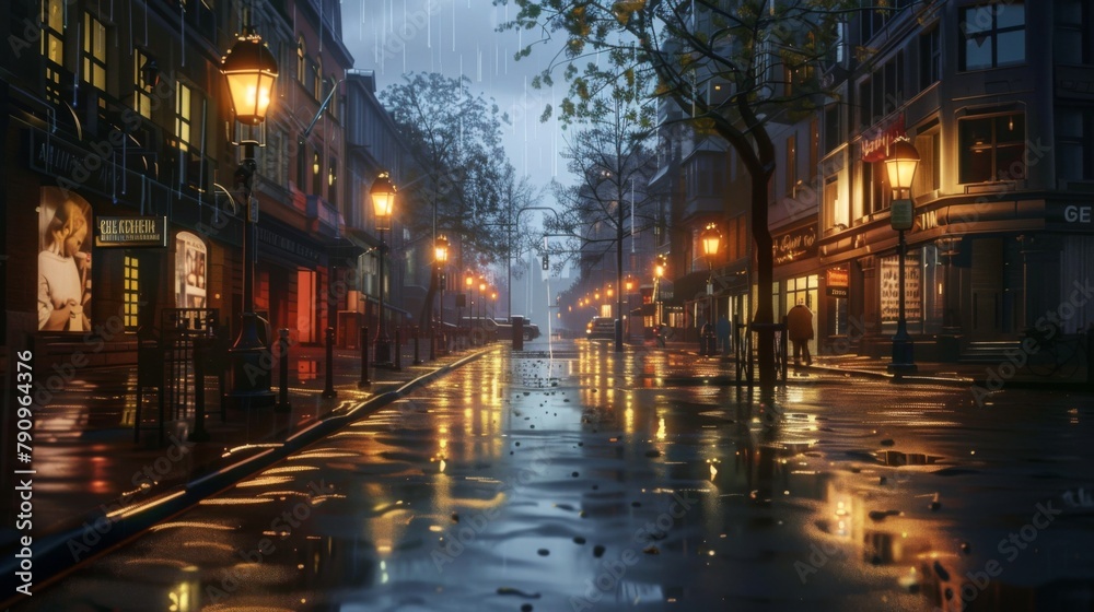 A rain-soaked city street illuminated by the warm glow of streetlights, casting reflections in the shimmering pavement.