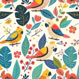 Lovely, pretty pattern of parrots and flowers, leaves. For fabric, silk, printing.