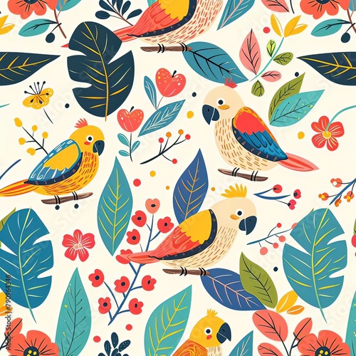 Lovely, pretty pattern of parrots and flowers, leaves. For fabric, silk, printing.