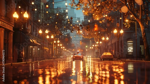 A rain-soaked city street illuminated by the warm glow of streetlights  casting reflections in the shimmering pavement. 