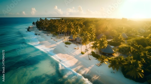 Aerial view of beautiful tropical beach with palm trees and sand. Drone photo.