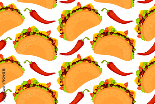 Mexican taco pattern. Taco with chili seamless pattern. Tacos pattern with pepper on white background