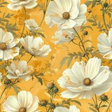 Watercolor Floral Pattern with Delicate Daisies on Mustard Background
