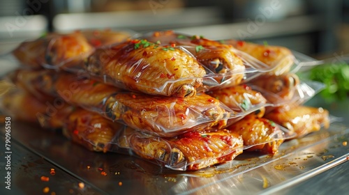 Display of plastic bags filled with frozen chicken wings photo