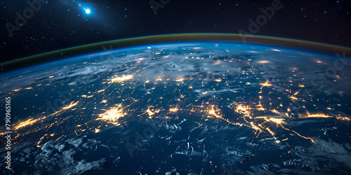 Beautiful Earth space view by night with sun on horizon with copyspace. Science background