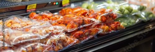 Display of plastic bags filled with frozen chicken wings