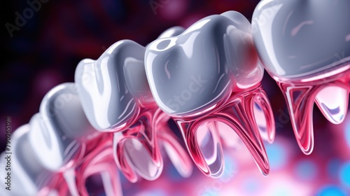 Close-up 3D animation of fluoride ions bonding with tooth enamel to fortify and relieve sensitivity in human teeth