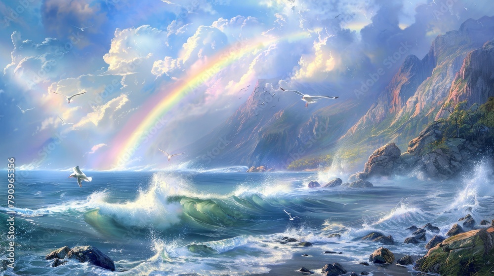 A rainbow appearing over a peaceful coastal scene, with waves crashing against rocky cliffs and seagulls soaring in the breeze.