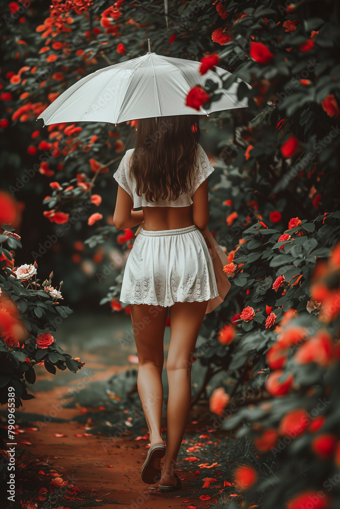 Young woman walking under white umbrella surrounded by blossoming red roses