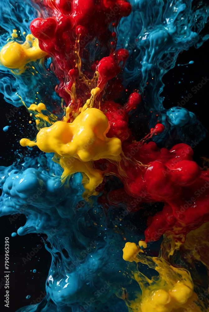 Abstract background of acrylic blue yellow red colors paint, splash liquid ink blot at black backdrop, poster wallpaper. Creativity design backgrounds concept. Gen ai illustration. Copy ad text space