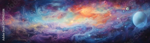 Swirling galaxies rendered in brilliant  iridescent colors  softly lit to reveal a tranquil and serene cosmic landscape