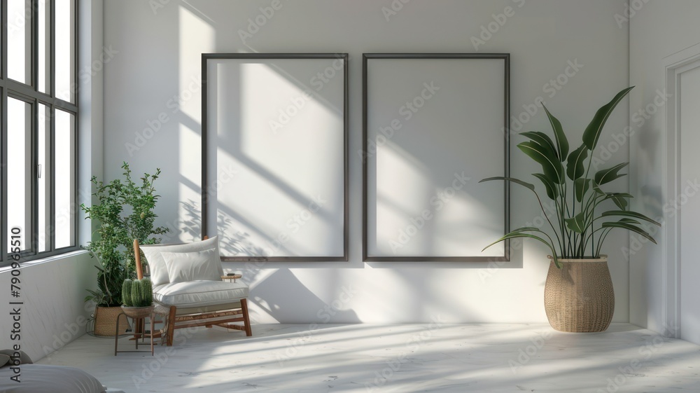 Fototapeta premium Modern room with two big empty picture frames created with Generative AI