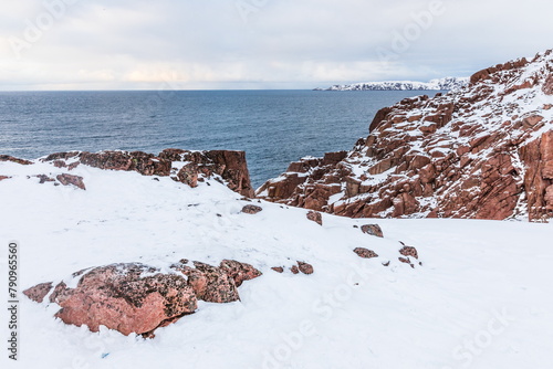 northern polar landscapes in the Teriberka Nature Park on the shore of the Barents Sea, Murmansk, Russia
