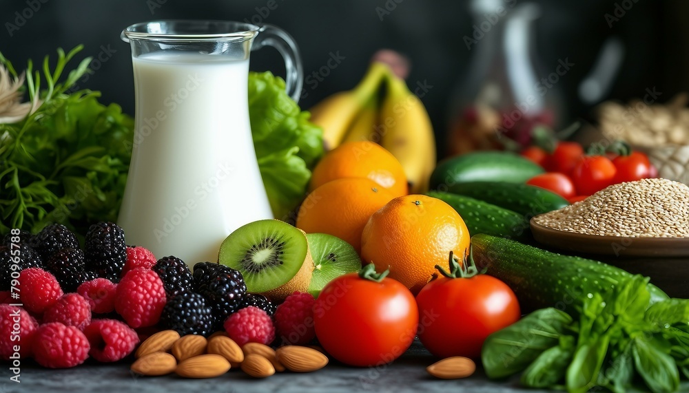 The picture shows a table filled with healthy foods: berries, tomatoes, cucumbers, kiwis, oranges, bananas; nuts, grains, and herbs in bowls, offering various fruit and veggie options. The picture shows a table filled with healthy foods: berries, tomatoes, cucumbers, kiwis, oranges, bananas; nuts, grains, and herbs in bowls, offering various fruit and veggie options.