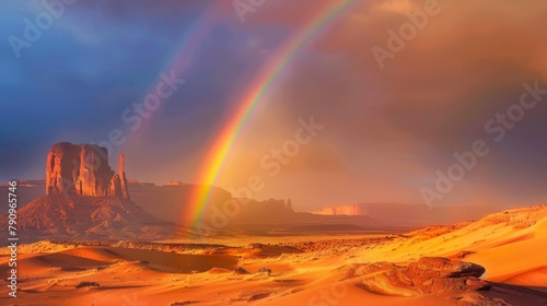 A rainbow appearing over a remote desert landscape, with sand dunes and rocky outcrops providing a stark contrast to its vibrant colors. photo