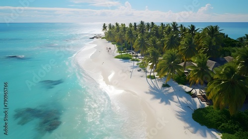 Aerial view of beautiful tropical beach with palm trees, white sand, turquoise water and blue sky