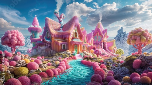 A digital artwork of a whimsical fantasy landscape featuring vibrant candy houses amidst a surreal mountainous backdrop.