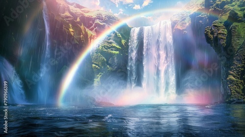 A rainbow arching over a majestic waterfall, with cascading waters creating a symphony of sound and mist rising into the air, adding to the magical atmosphere. © Plaifah