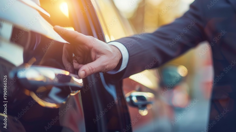 Businessman Opening Car Door at Sunset. Generative ai