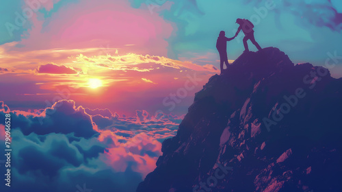 Two people each other reach the top of mountain, sky background with beautiful sunset. concept for adventure and team work