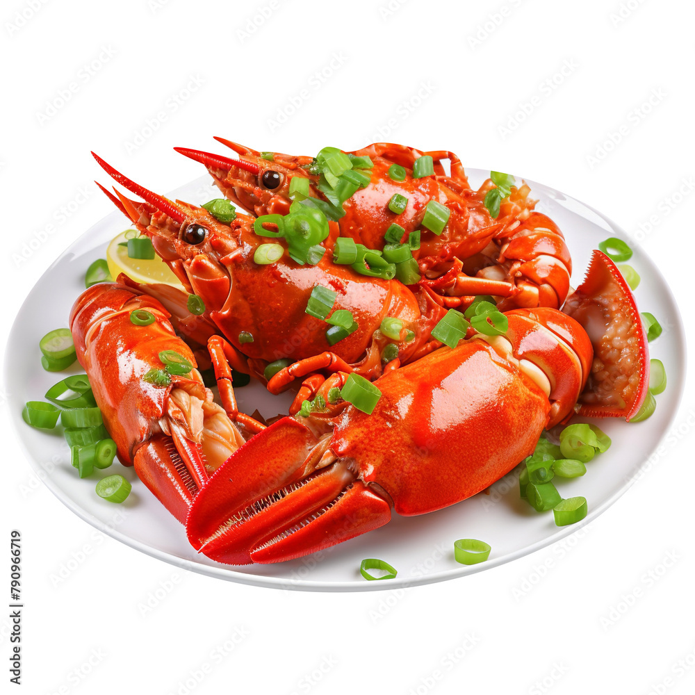 Tasty Lobster with Ginger and Green Onions Isolated On White Background Tasty Lobster with Ginger and Green Onions Isolated On White Background