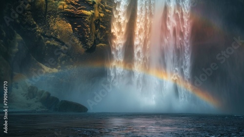 A rainbow emerging from behind a majestic waterfall, with misty spray catching the sunlight and refracting its colors into a dazzling display.