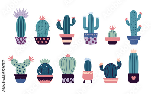 Set of blooming cacti, succulents in pots. Cute cartoon cactus. Doodle style, flat design. Scandinavian, boho style. Vector illustration. Exotic and Tropical Plant, home decor