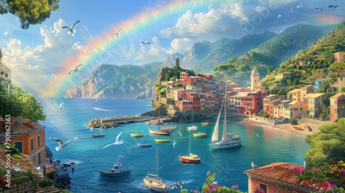 A rainbow forming a perfect semicircle over a picturesque coastal village, with colorful boats bobbing in the harbor and seagulls circling overhead. photo